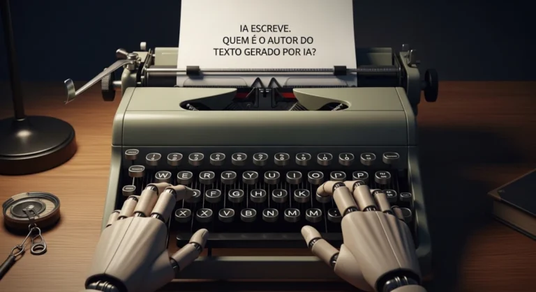 IA Escreve. Quem é o Autor? 3 Mão robótica escrevendo em máquina de escrever antiga representando autoria e inteligência artificial
