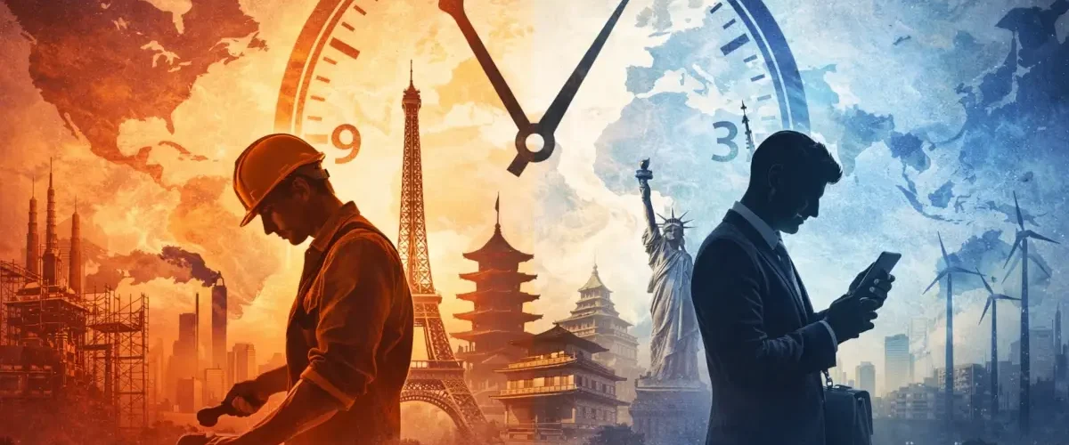 Ilustração conceitual sobre jornada de trabalho no mundo mostrando contraste entre trabalhadores e um grande relógio global.