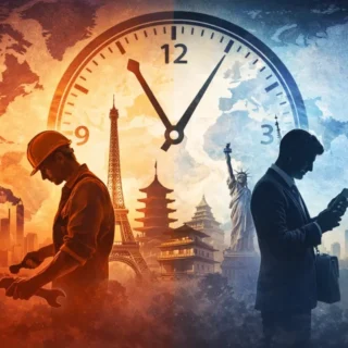 Ilustração conceitual sobre jornada de trabalho no mundo mostrando contraste entre trabalhadores e um grande relógio global.
