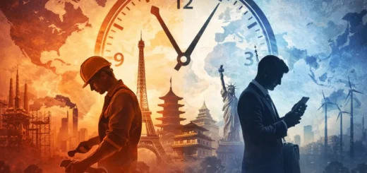 Ilustração conceitual sobre jornada de trabalho no mundo mostrando contraste entre trabalhadores e um grande relógio global.