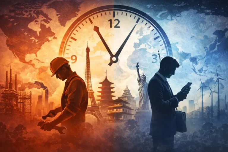Ilustração conceitual sobre jornada de trabalho no mundo mostrando contraste entre trabalhadores e um grande relógio global.