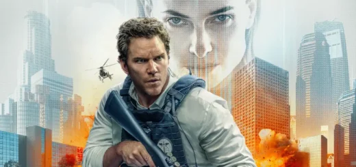 Cena de Justiça Artificial (2026) mostrando tribunal com IA e protagonista em perseguição