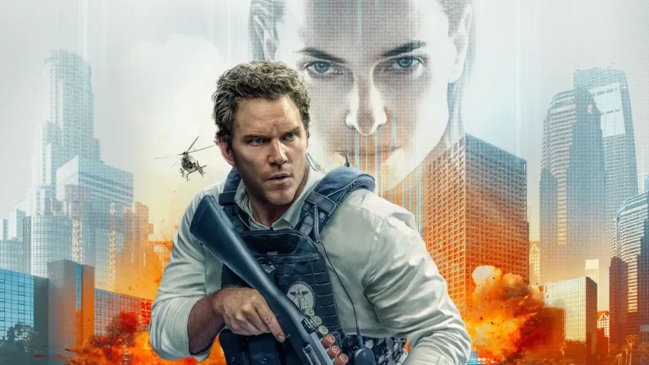 Cena de Justiça Artificial (2026) mostrando tribunal com IA e protagonista em perseguição