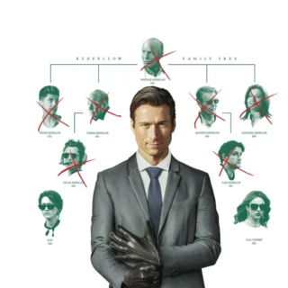 Poster de Manual Prático da Vingança Lucrativa mostrando Glen Powell diante de uma árvore genealógica marcada por assassinatos