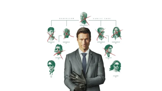 Poster de Manual Prático da Vingança Lucrativa mostrando Glen Powell diante de uma árvore genealógica marcada por assassinatos