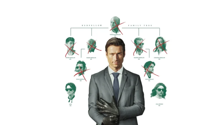 Poster de Manual Prático da Vingança Lucrativa mostrando Glen Powell diante de uma árvore genealógica marcada por assassinatos