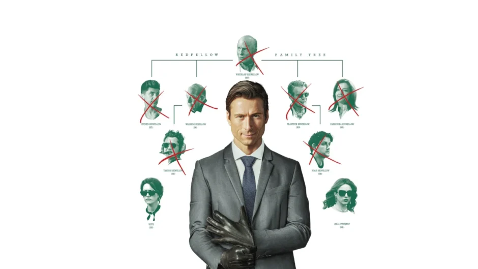 Poster de Manual Prático da Vingança Lucrativa mostrando Glen Powell diante de uma árvore genealógica marcada por assassinatos