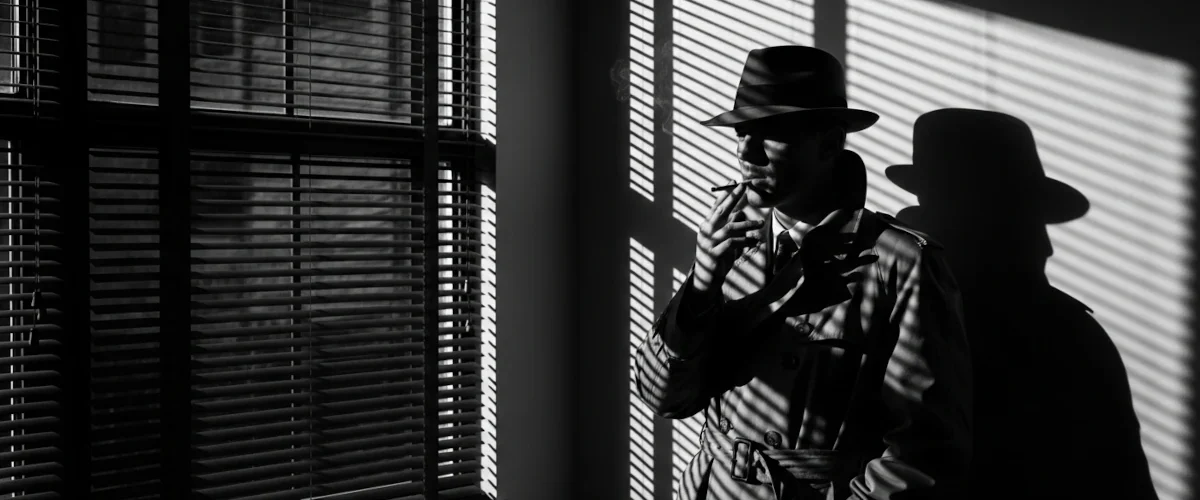 Cena cinematográfica em estilo film noir com iluminação chiaroscuro e sombras dramáticas, representando a mise-en-scène no cinema