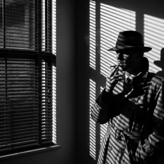 Cena cinematográfica em estilo film noir com iluminação chiaroscuro e sombras dramáticas, representando a mise-en-scène no cinema