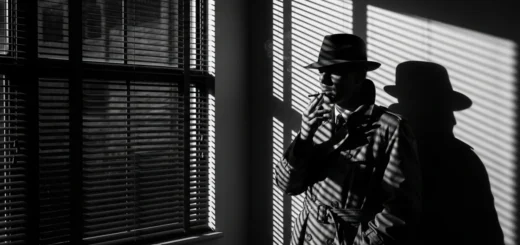 Cena cinematográfica em estilo film noir com iluminação chiaroscuro e sombras dramáticas, representando a mise-en-scène no cinema