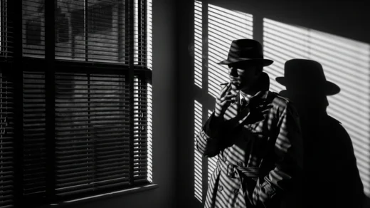 Cena cinematográfica em estilo film noir com iluminação chiaroscuro e sombras dramáticas, representando a mise-en-scène no cinema