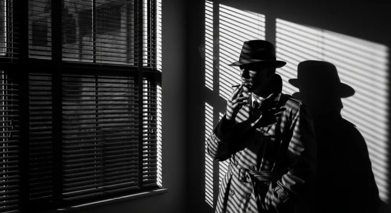 Cena cinematográfica em estilo film noir com iluminação chiaroscuro e sombras dramáticas, representando a mise-en-scène no cinema