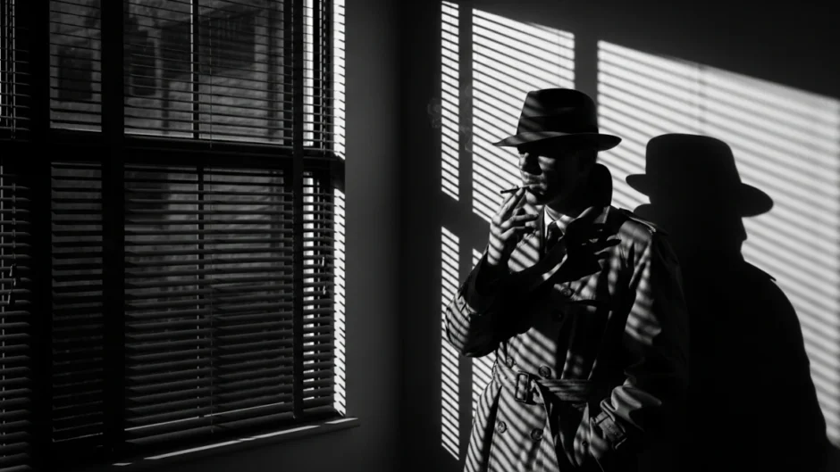 Cena cinematográfica em estilo film noir com iluminação chiaroscuro e sombras dramáticas, representando a mise-en-scène no cinema