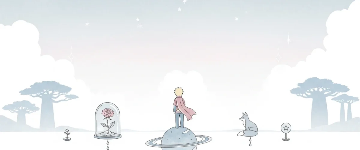 Ilustração simbólica de O Pequeno Príncipe com rosa sob redoma, raposa e planeta, representando análise filosófica do livro