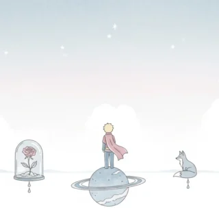 Ilustração simbólica de O Pequeno Príncipe com rosa sob redoma, raposa e planeta, representando análise filosófica do livro