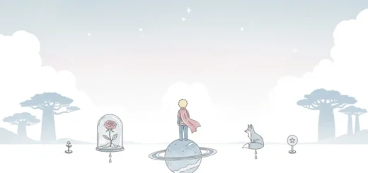 Ilustração simbólica de O Pequeno Príncipe com rosa sob redoma, raposa e planeta, representando análise filosófica do livro
