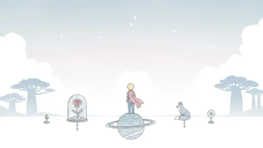 Ilustração simbólica de O Pequeno Príncipe com rosa sob redoma, raposa e planeta, representando análise filosófica do livro