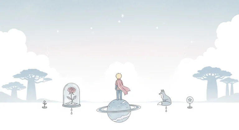 Ilustração simbólica de O Pequeno Príncipe com rosa sob redoma, raposa e planeta, representando análise filosófica do livro