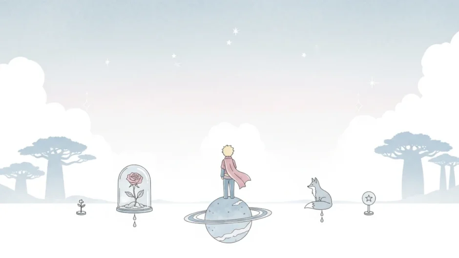 Ilustração simbólica de O Pequeno Príncipe com rosa sob redoma, raposa e planeta, representando análise filosófica do livro