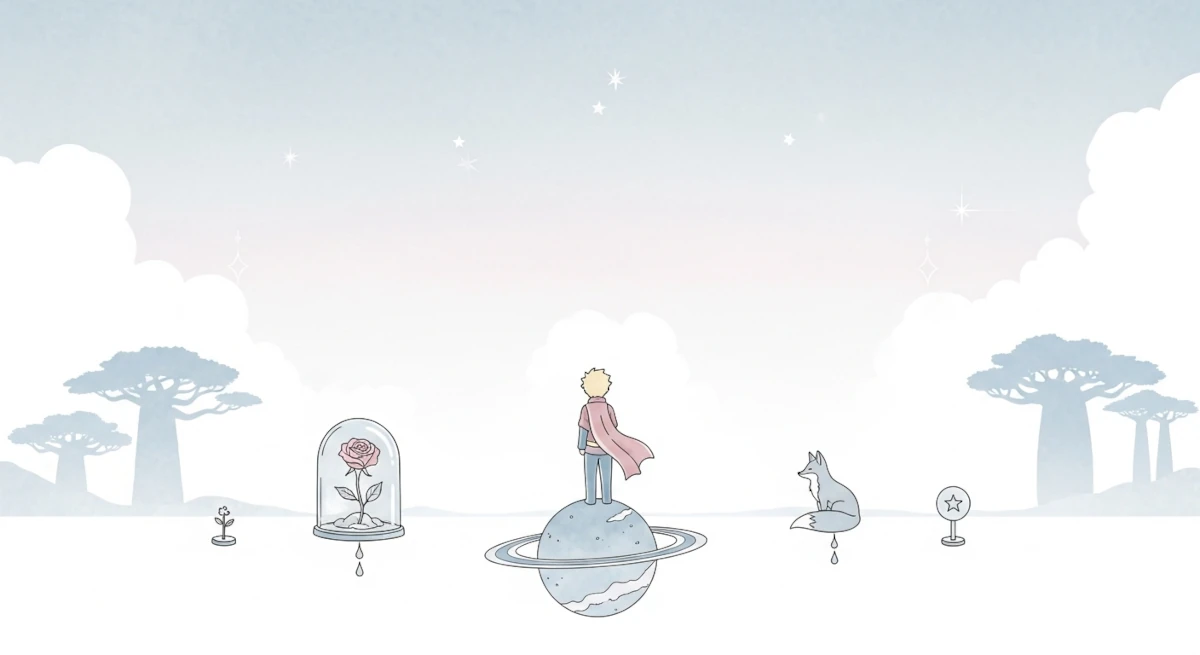 Um príncipe sem reino, um livro sem gênero: por que O Pequeno Príncipe ainda nos lê 1 Ilustração simbólica de O Pequeno Príncipe com rosa sob redoma, raposa e planeta, representando análise filosófica do livro
