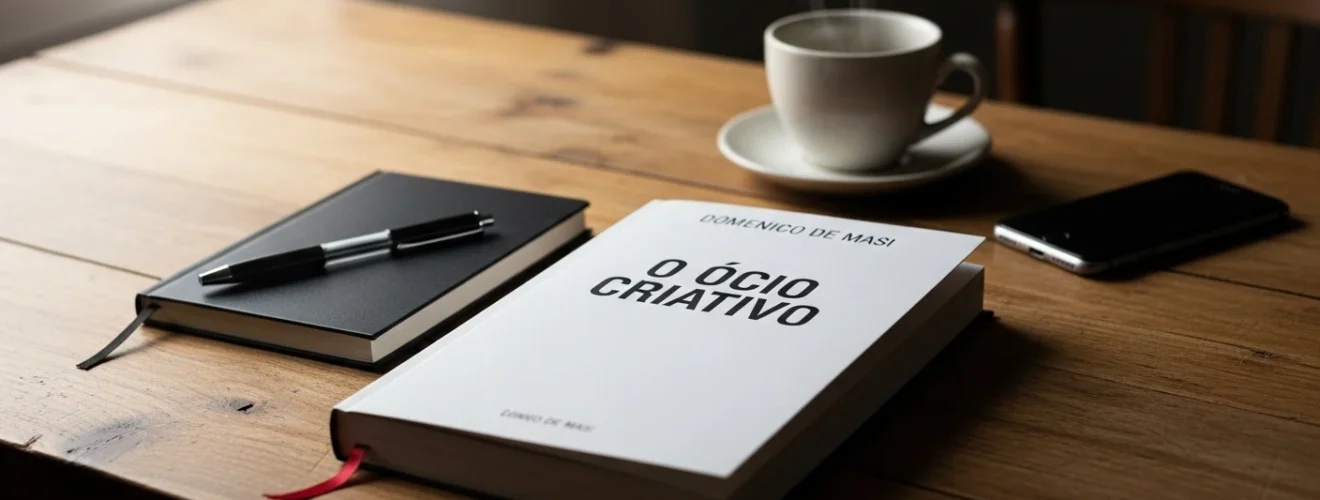 Livro O Ócio Criativo de Domenico De Masi sobre mesa de madeira com caderno e café