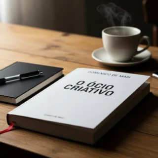 Livro O Ócio Criativo de Domenico De Masi sobre mesa de madeira com caderno e café