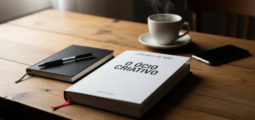Livro O Ócio Criativo de Domenico De Masi sobre mesa de madeira com caderno e café