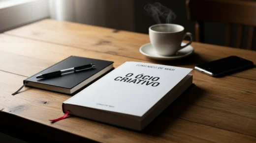 Livro O Ócio Criativo de Domenico De Masi sobre mesa de madeira com caderno e café