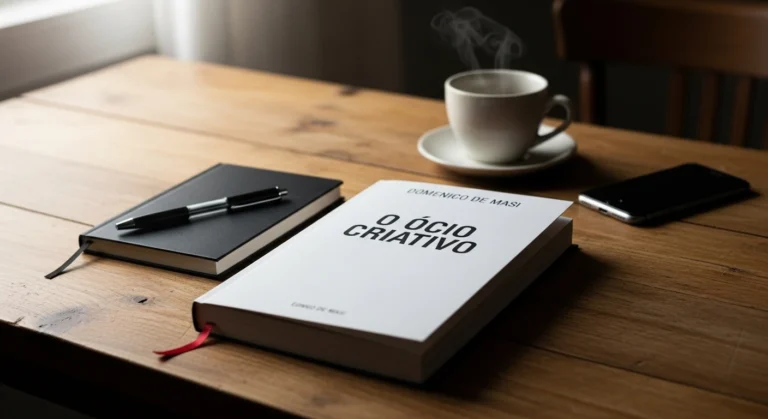 Livro O Ócio Criativo de Domenico De Masi sobre mesa de madeira com caderno e café