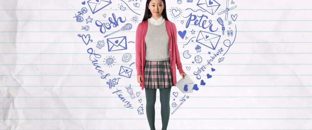 Pôster do filme Para Todos os Garotos que Já Amei com Lara Jean cercada por ilustrações românticas
