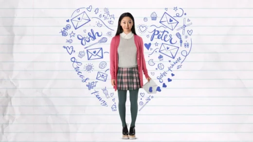 Pôster do filme Para Todos os Garotos que Já Amei com Lara Jean cercada por ilustrações românticas
