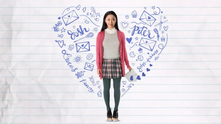 Pôster do filme Para Todos os Garotos que Já Amei com Lara Jean cercada por ilustrações românticas
