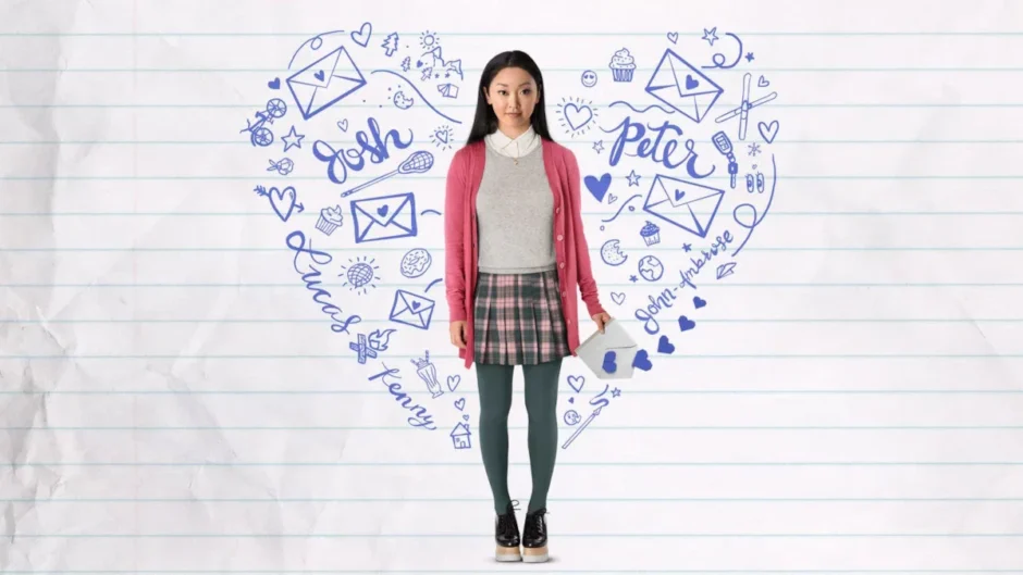 Pôster do filme Para Todos os Garotos que Já Amei com Lara Jean cercada por ilustrações românticas