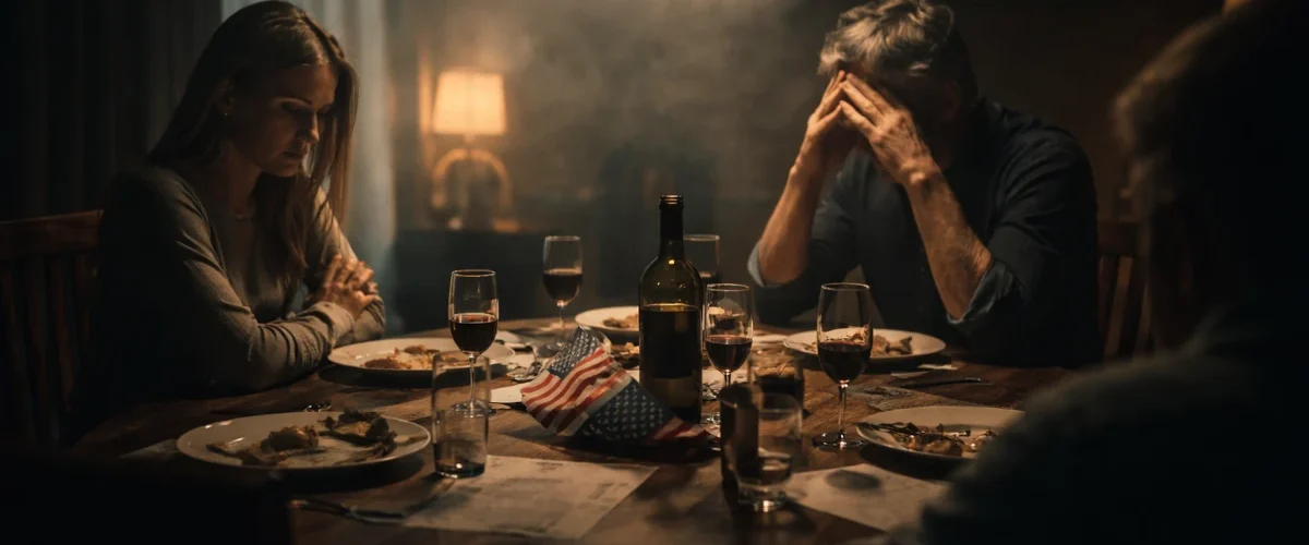 Cena conceitual representando tensão familiar durante discussão política em ambiente doméstico