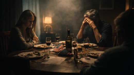 Cena conceitual representando tensão familiar durante discussão política em ambiente doméstico