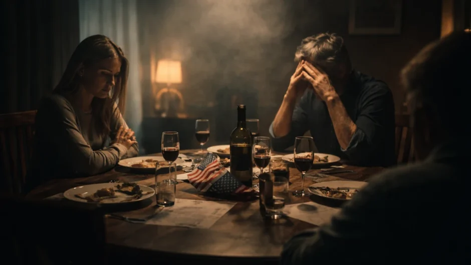 Cena conceitual representando tensão familiar durante discussão política em ambiente doméstico