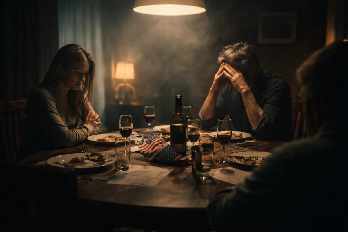 Cena conceitual representando tensão familiar durante discussão política em ambiente doméstico