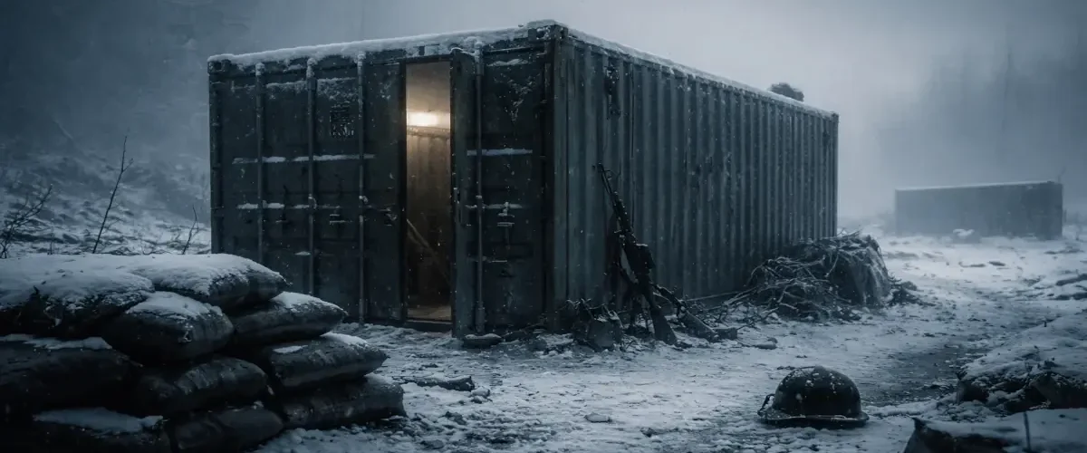 Container militar na neve em cenário de guerra na Ucrânia, atmosfera fria e melancólica