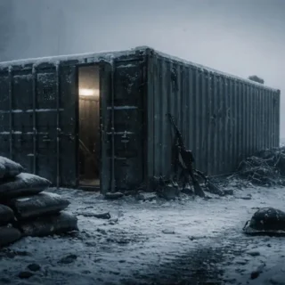 Container militar na neve em cenário de guerra na Ucrânia, atmosfera fria e melancólica