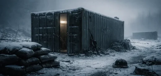 Container militar na neve em cenário de guerra na Ucrânia, atmosfera fria e melancólica