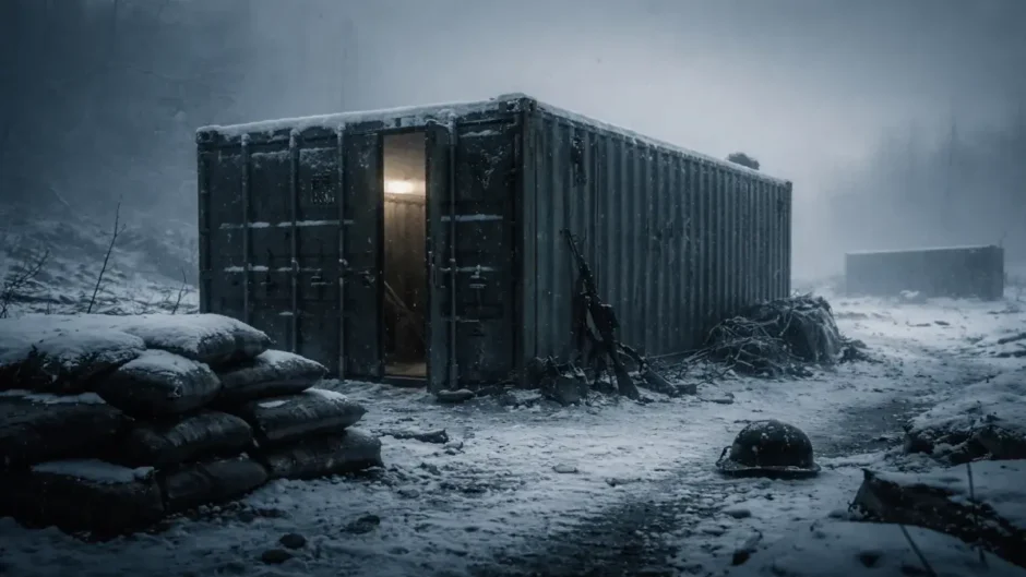 Container militar na neve em cenário de guerra na Ucrânia, atmosfera fria e melancólica
