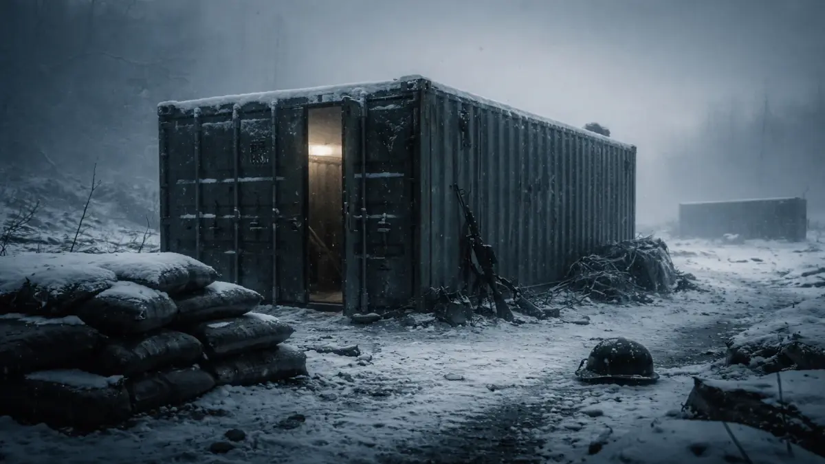 Container militar na neve em cenário de guerra na Ucrânia, atmosfera fria e melancólica