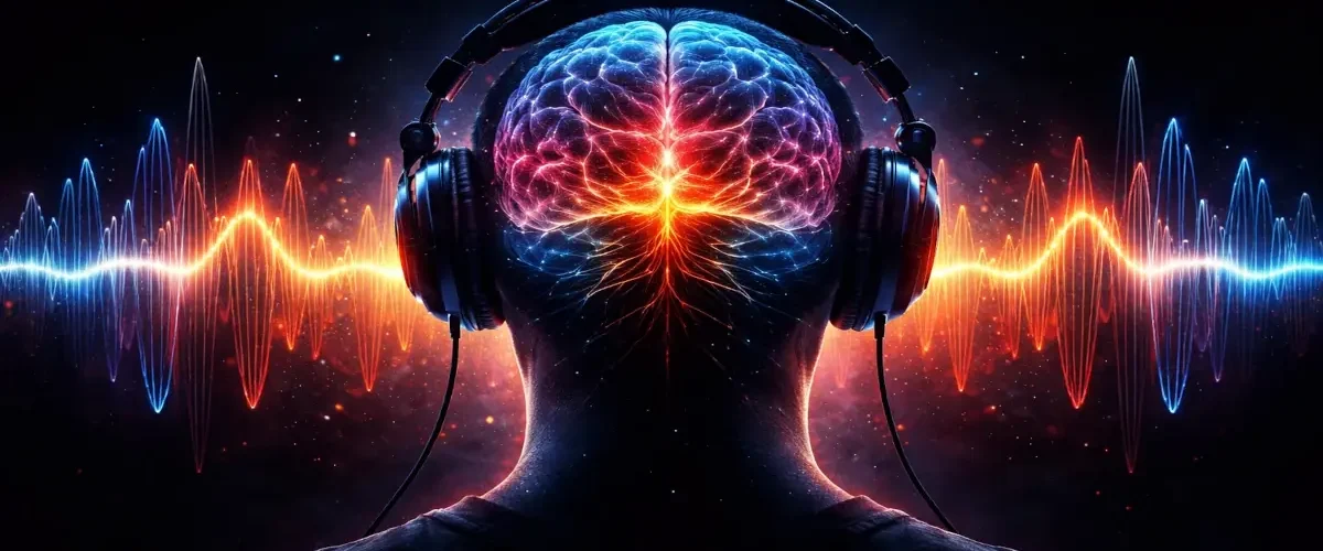 Imagem conceitual representando a psicologia do som, com cérebro iluminado por ondas sonoras e fones de ouvido, simbolizando o impacto da cultura pop nas emoções.