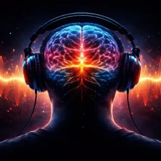 Imagem conceitual representando a psicologia do som, com cérebro iluminado por ondas sonoras e fones de ouvido, simbolizando o impacto da cultura pop nas emoções.