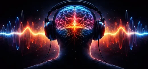 Imagem conceitual representando a psicologia do som, com cérebro iluminado por ondas sonoras e fones de ouvido, simbolizando o impacto da cultura pop nas emoções.