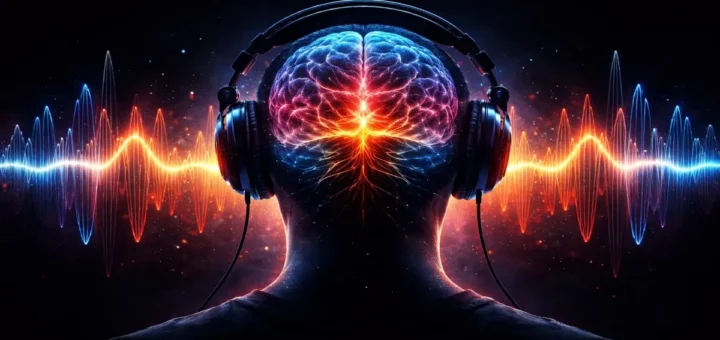 Imagem conceitual representando a psicologia do som, com cérebro iluminado por ondas sonoras e fones de ouvido, simbolizando o impacto da cultura pop nas emoções.