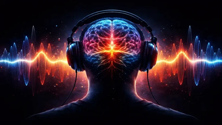 Imagem conceitual representando a psicologia do som, com cérebro iluminado por ondas sonoras e fones de ouvido, simbolizando o impacto da cultura pop nas emoções.