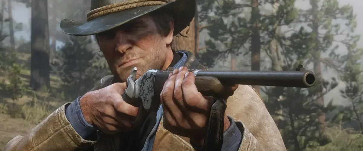 Arthur Morgan mirando com rifle em Red Dead Redemption 2
