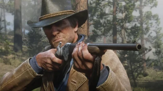 Arthur Morgan mirando com rifle em Red Dead Redemption 2