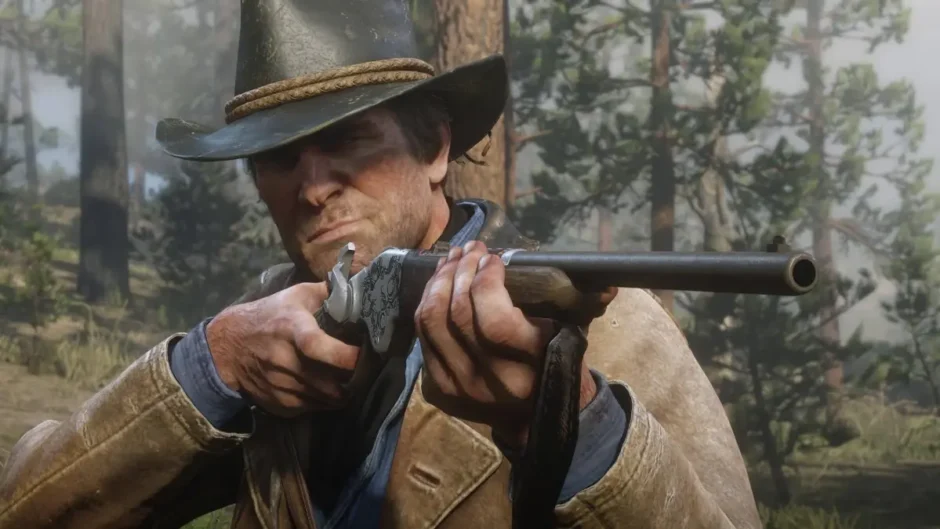 Arthur Morgan mirando com rifle em Red Dead Redemption 2